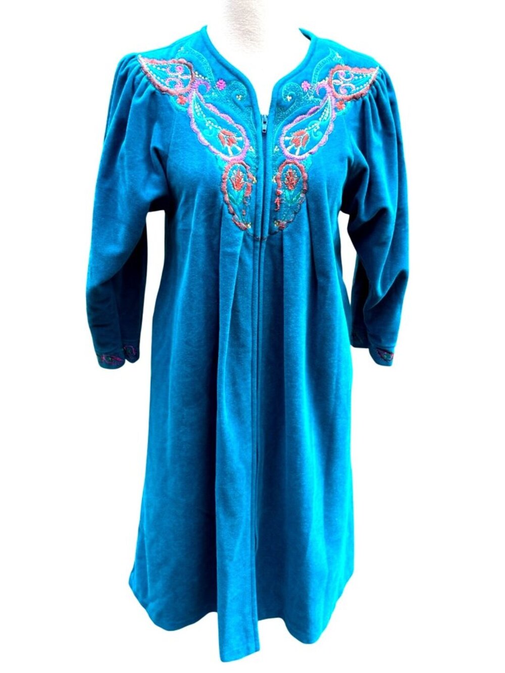 Robe Zip Front 3/4 Sleeves Vintage Vanity Fair Teal Embroidered Small Made In US